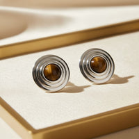 Como Large Round Stud Earrings Tigers Eye Silver-2