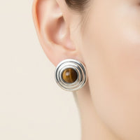 Como Large Round Stud Earrings Tigers Eye Silver-1
