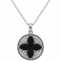 Silver necklace with round black four-leaf clover pendant and sparkling halo stones