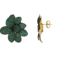 Amaryllis Flower Large Stud Earrings Gold Emerald-2