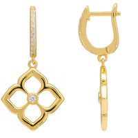 Gold clover flower drop earrings with crystal-accented top bar and open petals
