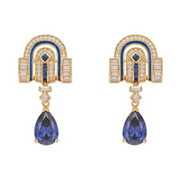 Gold art deco drop earrings with blue sapphire teardrop and crystal arch detail