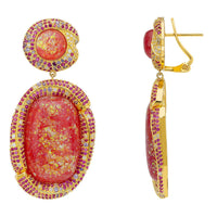 Gold drop earrings with pink opal stones and pave halo