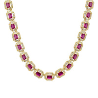 Gold tennis necklace with purple square gemstones on a chain