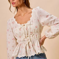 White floral clip-dot lace-trim blouse with ruched bodice, tie-front, and puff sleeves