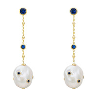 Gold-tone drop earrings with pearl chain, blue accents, and white baroque pearl drops
