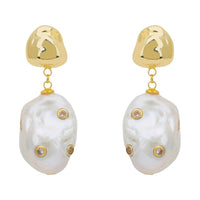 Polka Dot Baroque Pearl Drop Earrings Gold Cz-0