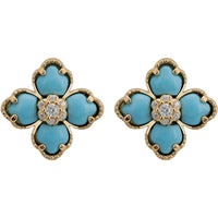Gold-tone clover stud earrings with turquoise enamel and crystal center