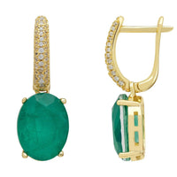 Gold oval drop earrings with green emeralds and pavΓ©-set upper bars