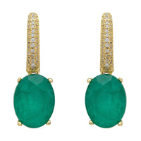 Gold oval drop earrings with pavΓ© detail and green Colombian emeralds