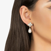 Silver flower clover drop earrings with mother-of-pearl petals and pearl teardrop dangles