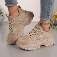 Khaki chunky platform sneakers, lace-up mesh upper with thick platform sole and heel panel.