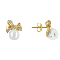 Gold ribbon bow pearl stud earrings with crystal bow and butterfly clasp backing