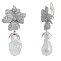 Baroque Pearl White Flower Clip On Drop Earrings Silver-2