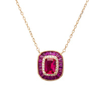 Gold chain pendant necklace with red oval center and purple gemstone frame