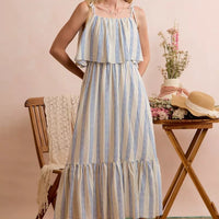 Blue and white vertical striped lined midi dress with tiered ruffle skirt