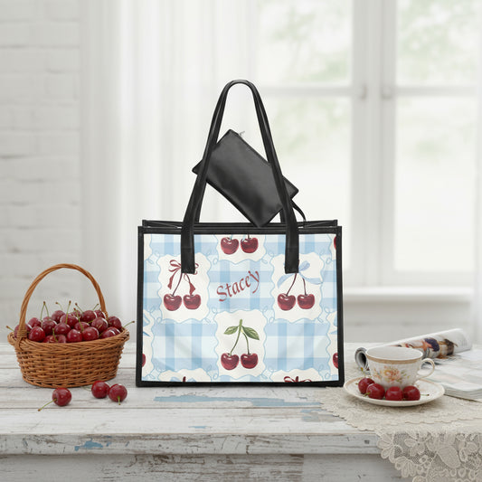 Clear Stadium Bag, Personalized Tote Handbag, Gift for Her, Fun Cherry Gingham Custom PVC