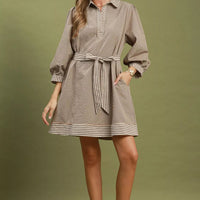 Brown striped contrast belted mini dress, puff sleeves and striped hem detail
