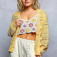 Yellow open-knit button cardigan with textured pointelle pattern and ribbed hem