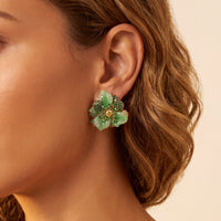 Jade Rose Flower Stud Earrings Gold-1