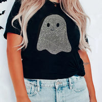 Black rhinestone ghost graphic round-neck T-shirt on model, short sleeves