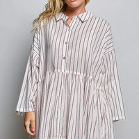 Striped woven shirt dress with collared button front, gathered waist, and long sleeves
