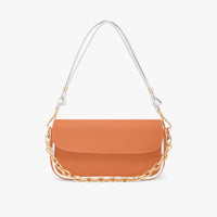 Orange shoulder bag with flap top, gold chain accent, and white strap handles