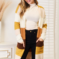Color-block cardigan with dropped-shoulder long sleeves, cream and brown stripe bands