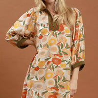 Floral shift mini dress with olive contrast trim and three-quarter puff sleeves