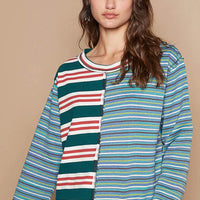 Long-sleeve round neck t-shirt with color-block stripes in blue and green
