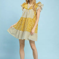 Women's marigold mix patchwork flutter-sleeve tiered dress, full front view