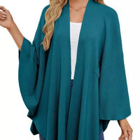 Teal women’s cape shawl with draped sleeves and front tie knot, open front