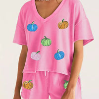 Fuchsia pink V-neck pumpkin print tee with drawstring shorts set, short sleeves