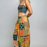 Printed wide-leg patchwork pants in honey multi with side drawstring ties