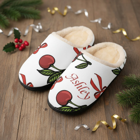 Personalized Slippers, Fun Print Cherry Christmas Fluffy Memory Foam House Shoes, Custom Holiday Slippers