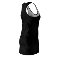 Black racerback sleeveless mini dress with U-shaped scoop back neckline