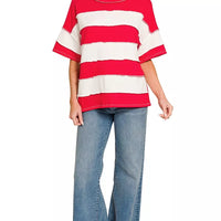 RUBY and white striped french terry top, crew neck, cuffed short sleeves
