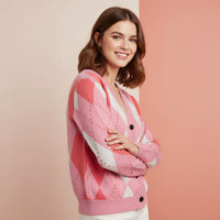 Red Cardigan Womens | Unisex Aesthetic Pink Argyle Jacquard Knit