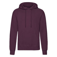 Dark purple pullover hoodie with hood and drawstring, front pouch pocket