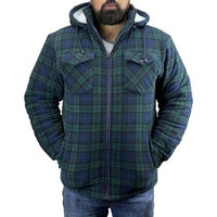 Men's green and navy plaid sherpa shirt jacket with hood, zip front and chest pockets