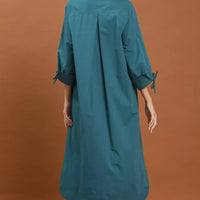 Teal collared button-front midi dress, back view with buttoned placket