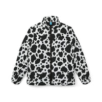 Black Puffer Coat Womens | Fun Black and White Cow Print Puffer