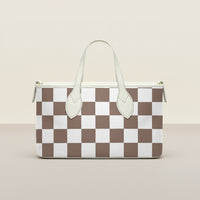 Checkered Tote Bag | Small Brown and White Leather Handheld Bag