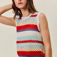Sweater knit sleeveless tank top, red and blue multi stripe pattern
