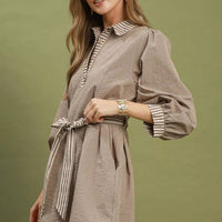 Brown striped contrast belted mini dress, long puff sleeves with striped cuffs