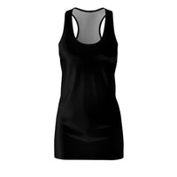 Black racerback sleeveless mini dress with scoop neckline and straight hem