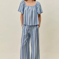 Blue vertical stripe wide-leg pants with pull-on elastic waist
