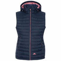 Women's navy padded gilet with hood, pink lining and front zip.