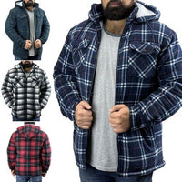 Men's GAME R5056 Richmond sherpa shirt jacket in navy plaid, with hood, zip front and chest pockets