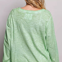 Light green knit long sleeve top with V-back and front pocket detail
